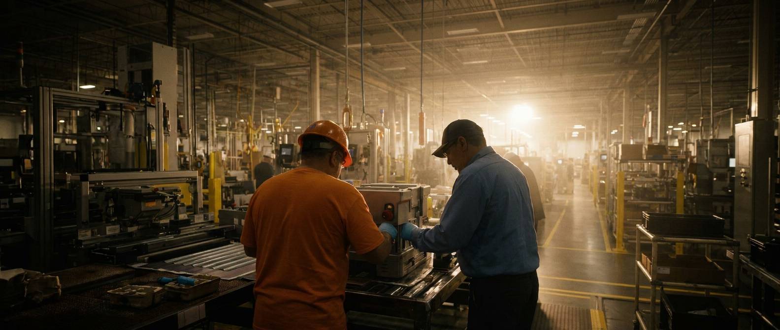 Dos operarios trabajando en una línea de producción de una planta industrial con luz cálida.
