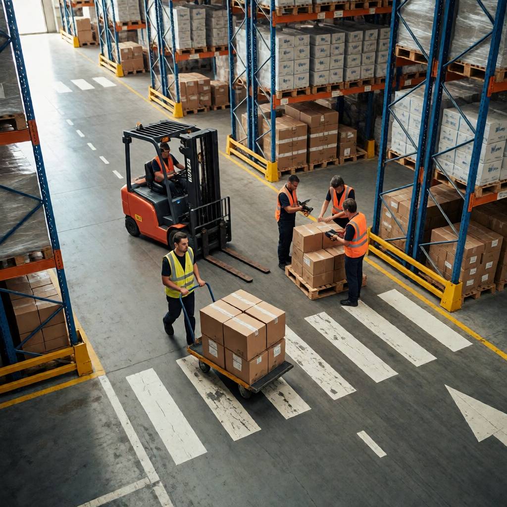 Depósito de distribución con estanterías de pallets, un autoelevador y operarios con chaleco preparando pedidos.